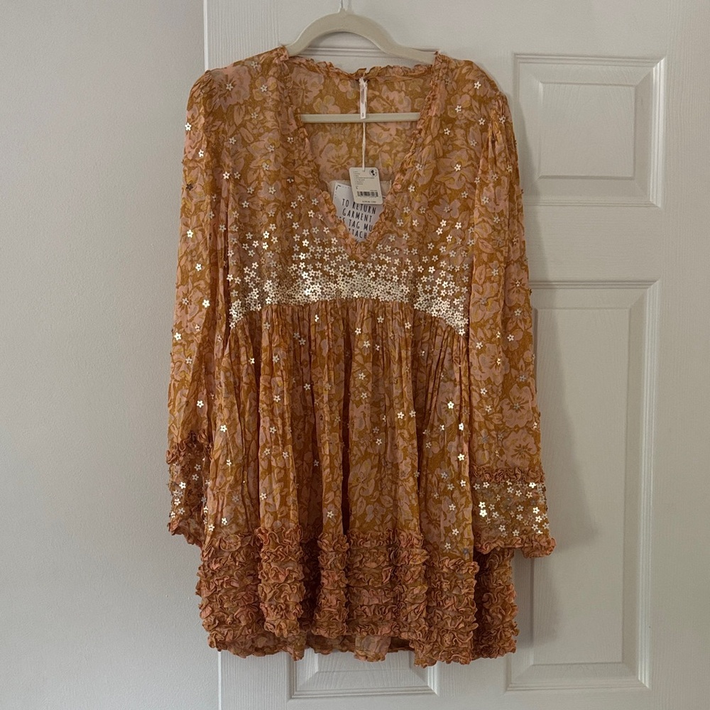 Free People Mustard Floral Sequin Mini Dress